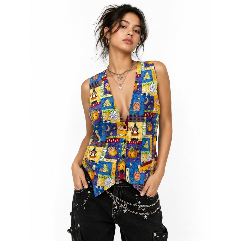 JLN USA Women's Halloween Vest Large Multicolor Patchwork Witches Pumpkins